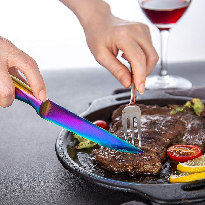 WELLSTAR Rainbow Serrated Steak Knife Set of 6, Razor Sharp German Steel Blade 4.75 inch and Comfortable Stainless Steel Hollow Handle with Titanium Coated Dinner Table Knives Set for Home Restaurant - Image 2